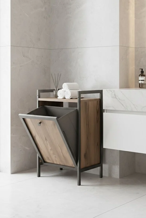 Metal Ahşap Banyo Düzenleyici Çamaşır Sepeti - Kirli Sepeti Ahşap Banyo Dolabı - Banyo Rafı